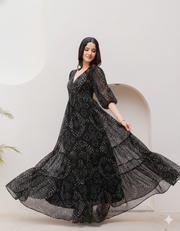 ব্ল্যাক রয়াল বোহো প্রিন্ট শিফন ম্যাক্সি গাউন