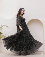 ব্ল্যাক রয়াল বোহো প্রিন্ট শিফন ম্যাক্সি গাউন