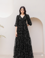 ব্ল্যাক রয়াল বোহো প্রিন্ট শিফন ম্যাক্সি গাউন
