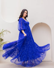 ব্লু রয়াল বোহো শিফন ম্যাক্সি গাউন