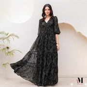 ব্ল্যাক রয়াল বোহো প্রিন্ট শিফন ম্যাক্সি গাউন